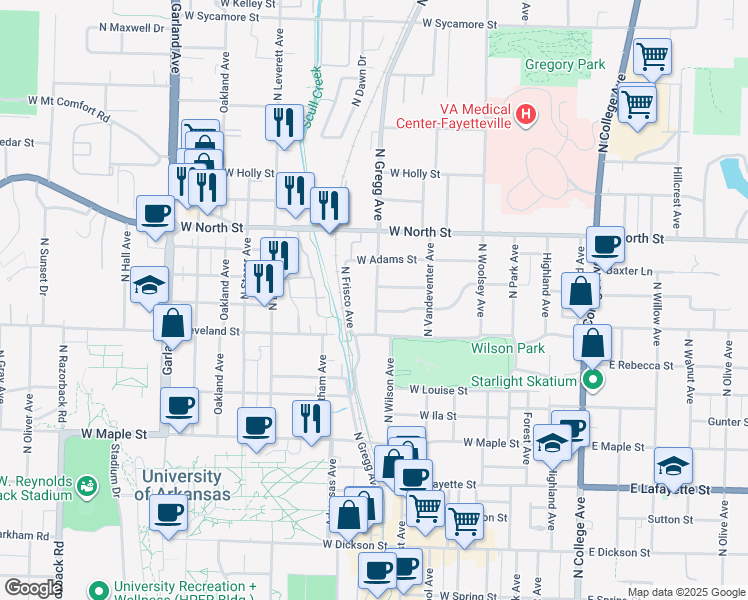 map of restaurants, bars, coffee shops, grocery stores, and more near 847 North Gregg Avenue in Fayetteville