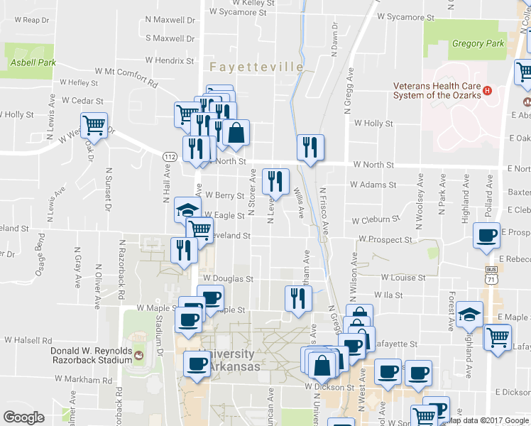 map of restaurants, bars, coffee shops, grocery stores, and more near 832 West Eagle Street in Fayetteville