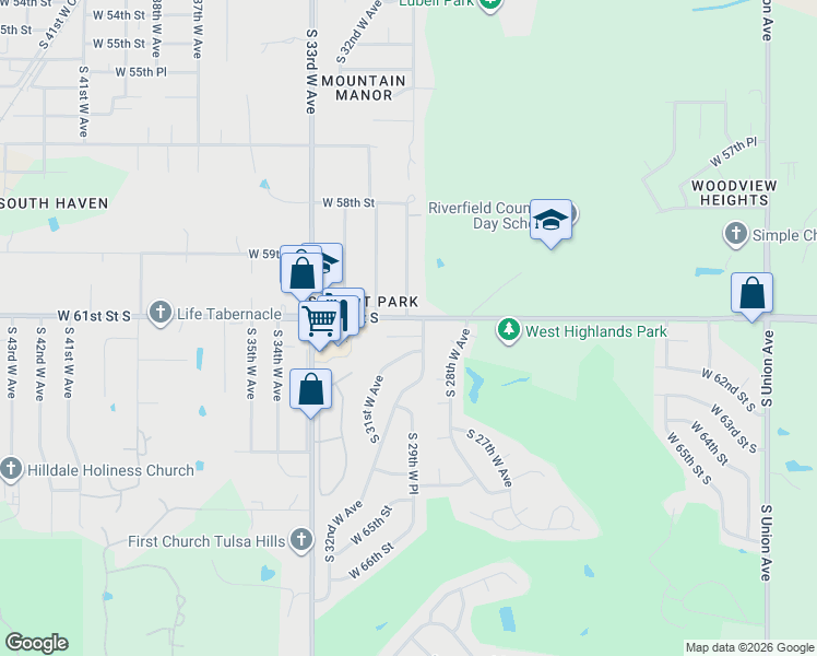 map of restaurants, bars, coffee shops, grocery stores, and more near 2901 West 61st Place in Tulsa