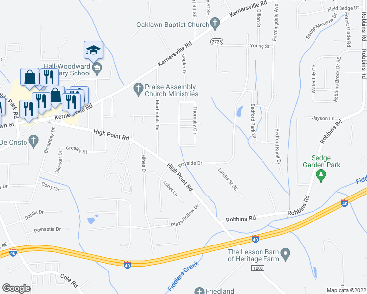 map of restaurants, bars, coffee shops, grocery stores, and more near 3870 Thornaby Circle in Winston-Salem