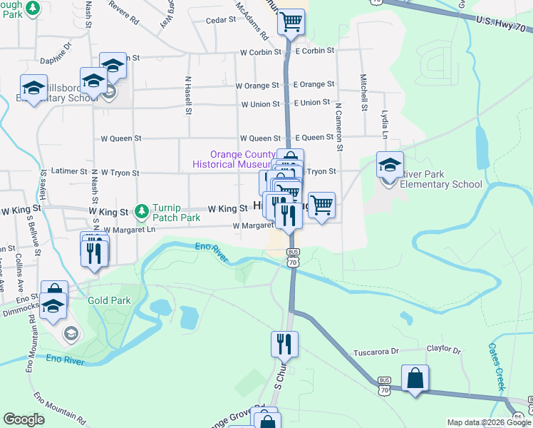 map of restaurants, bars, coffee shops, grocery stores, and more near 147 West King Street in Hillsborough