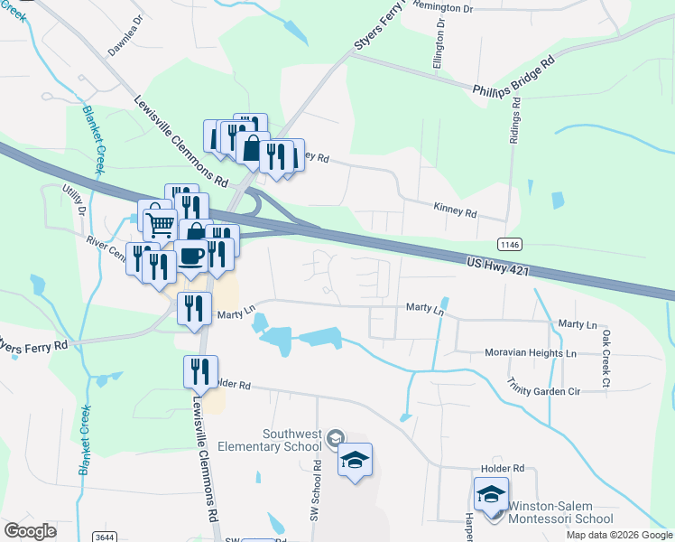 map of restaurants, bars, coffee shops, grocery stores, and more near 1433 King Charles Drive in Clemmons