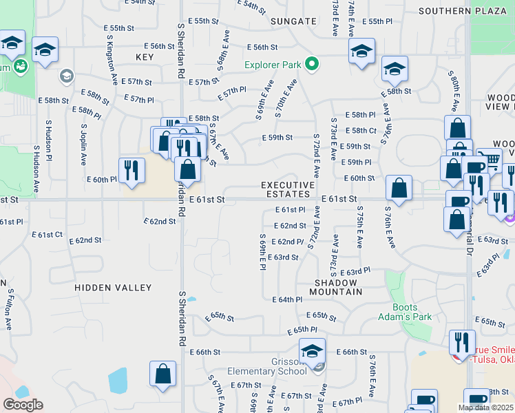 map of restaurants, bars, coffee shops, grocery stores, and more near 6102 S 69th E Pl in Tulsa