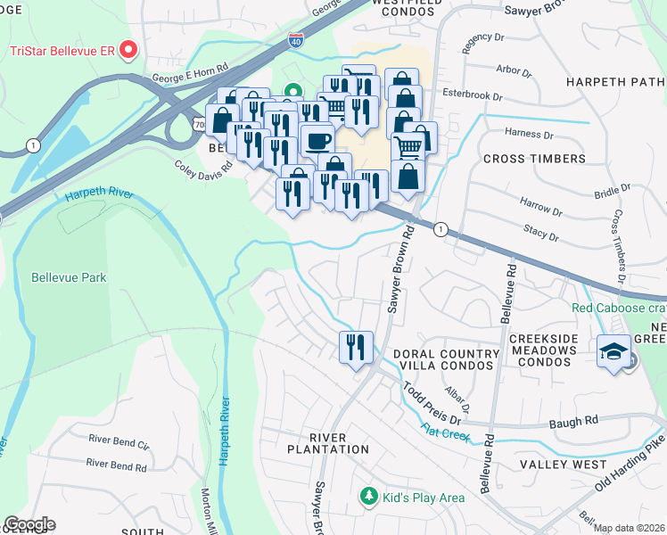 map of restaurants, bars, coffee shops, grocery stores, and more near 615 Plantation Court in Nashville
