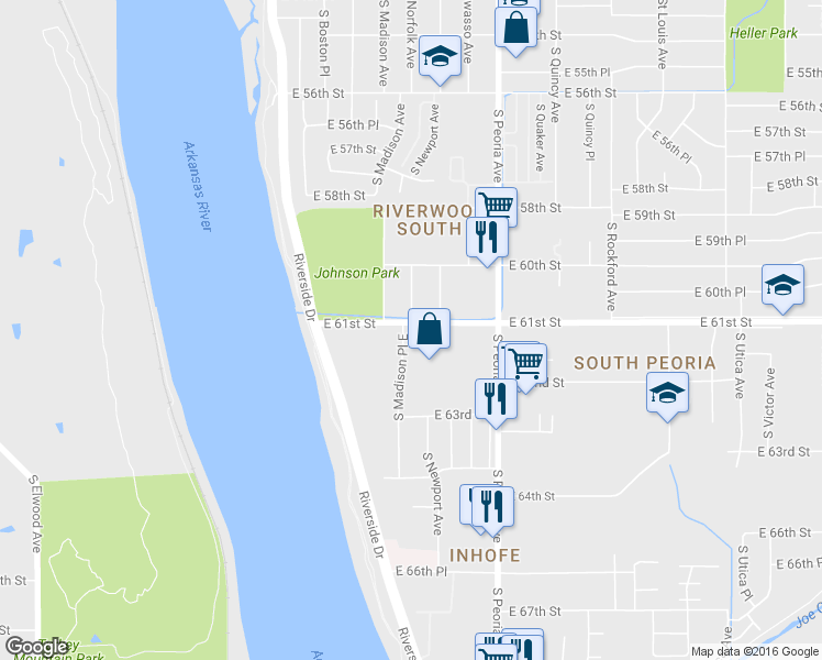 map of restaurants, bars, coffee shops, grocery stores, and more near 6107 South Madison Place in Tulsa