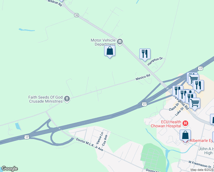 map of restaurants, bars, coffee shops, grocery stores, and more near 142 Mexico Road in Edenton