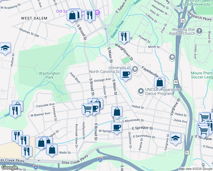 map of restaurants, bars, coffee shops, grocery stores, and more near 27 Gloria Avenue in Winston-Salem