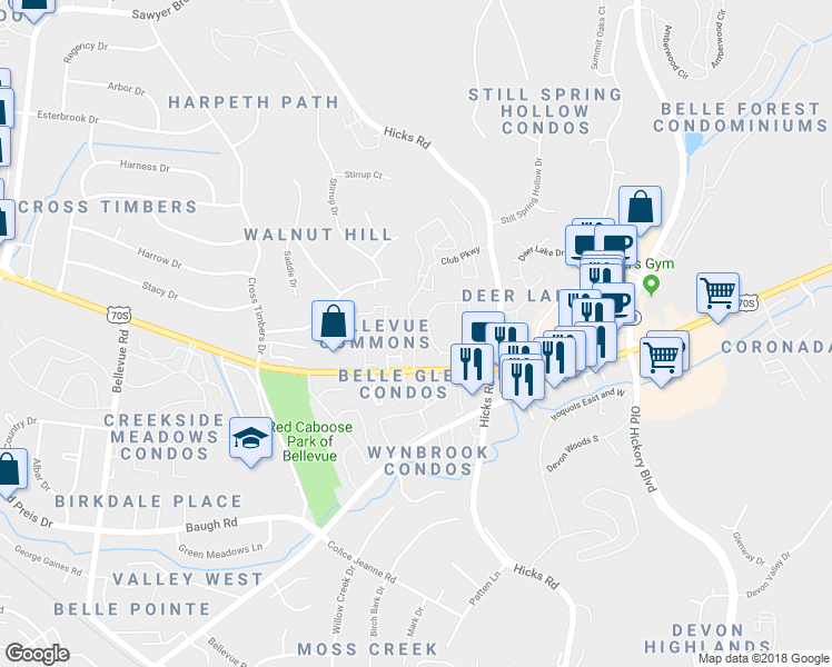 map of restaurants, bars, coffee shops, grocery stores, and more near 1030 Club Parkway in Nashville