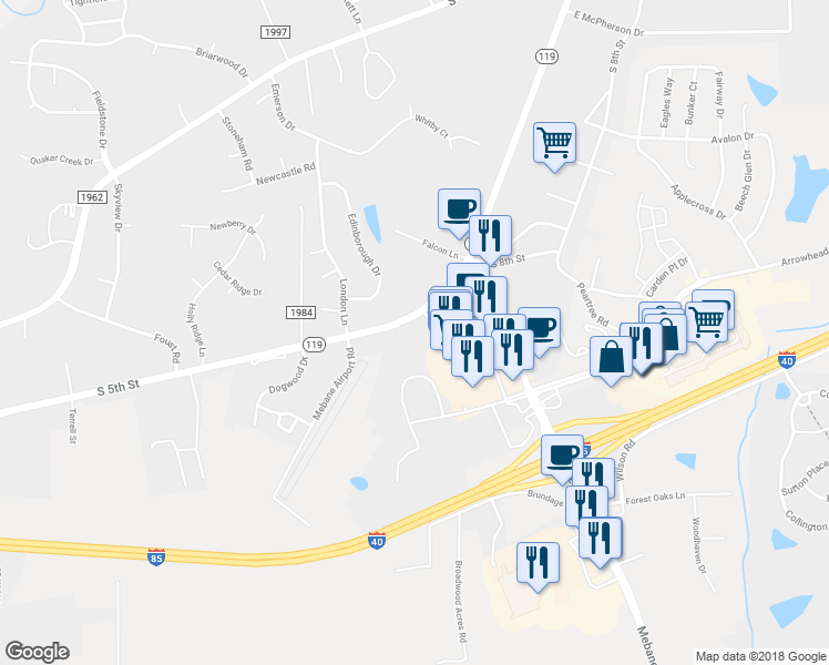 map of restaurants, bars, coffee shops, grocery stores, and more near 937 South 5th Street in Mebane