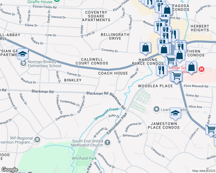 map of restaurants, bars, coffee shops, grocery stores, and more near 207 Overcrest Court in Nashville