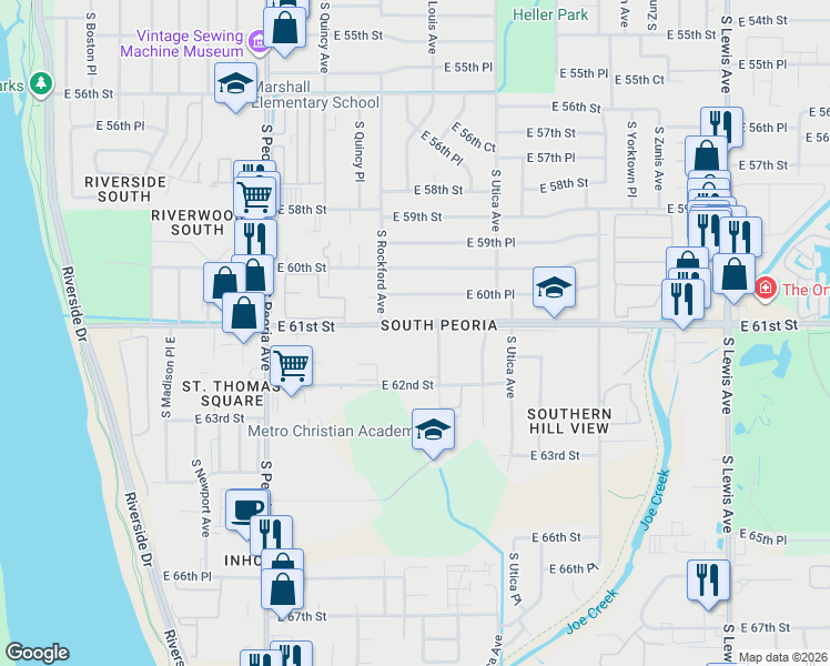 map of restaurants, bars, coffee shops, grocery stores, and more near 1526 East 61st Street in Tulsa