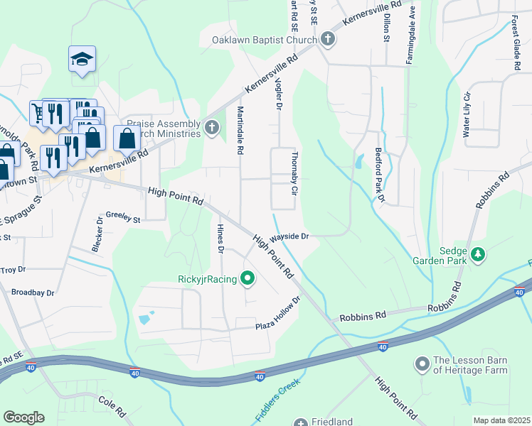map of restaurants, bars, coffee shops, grocery stores, and more near 3900 Thornaby Circle in Winston-Salem
