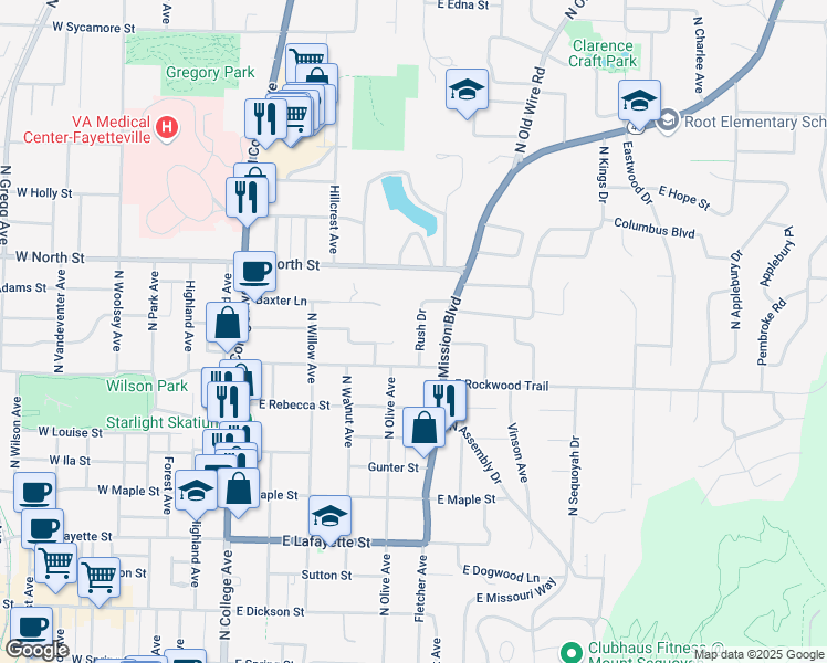 map of restaurants, bars, coffee shops, grocery stores, and more near 825 Rush Drive in Fayetteville