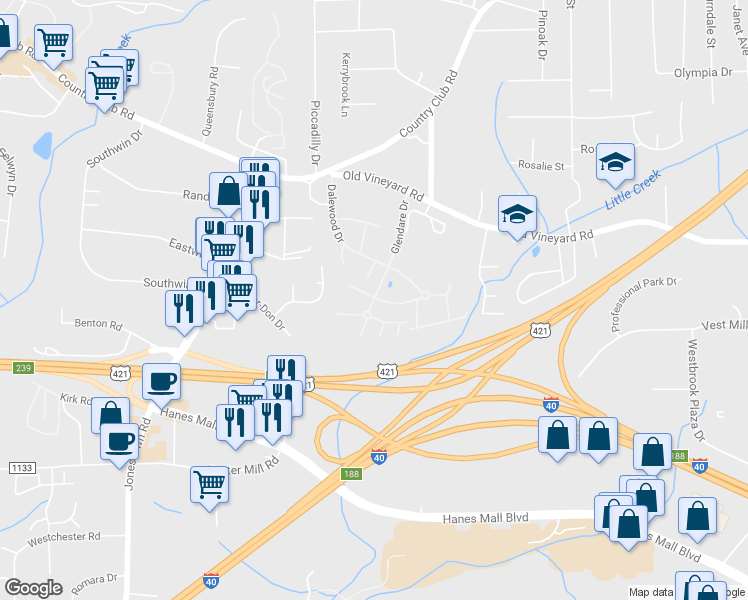 map of restaurants, bars, coffee shops, grocery stores, and more near 227 Glendare Drive in Winston-Salem