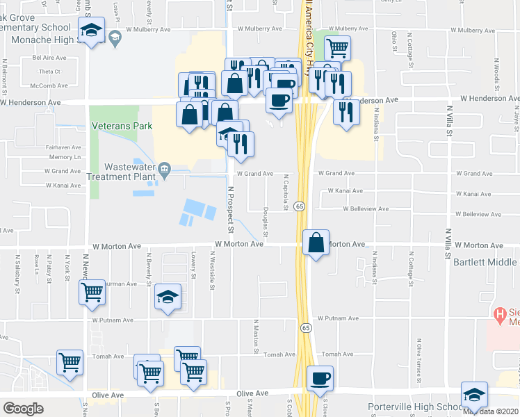 map of restaurants, bars, coffee shops, grocery stores, and more near 1120 West Belleview Avenue in Porterville