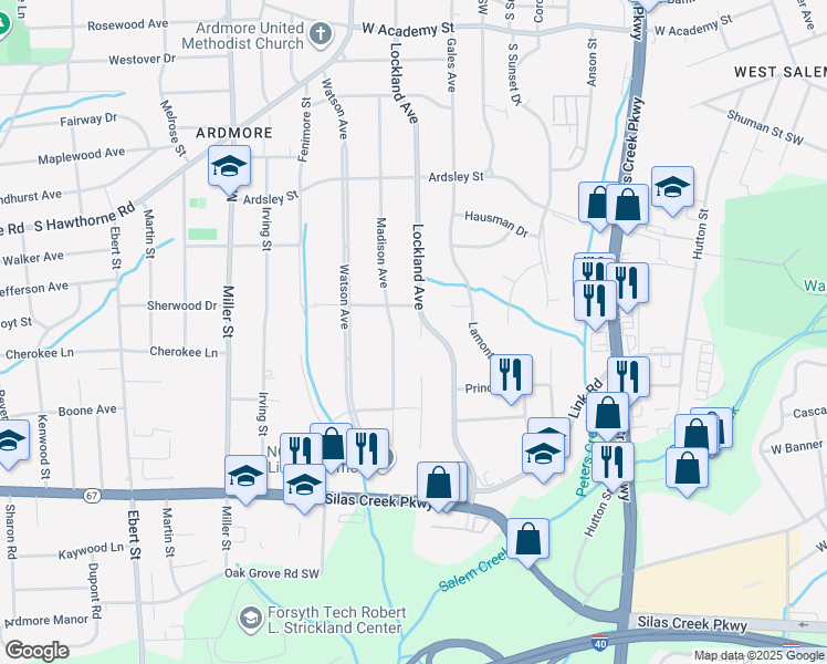 map of restaurants, bars, coffee shops, grocery stores, and more near 1212 Lockland Terrace in Winston-Salem