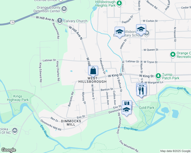 map of restaurants, bars, coffee shops, grocery stores, and more near 902 West King Street in Hillsborough