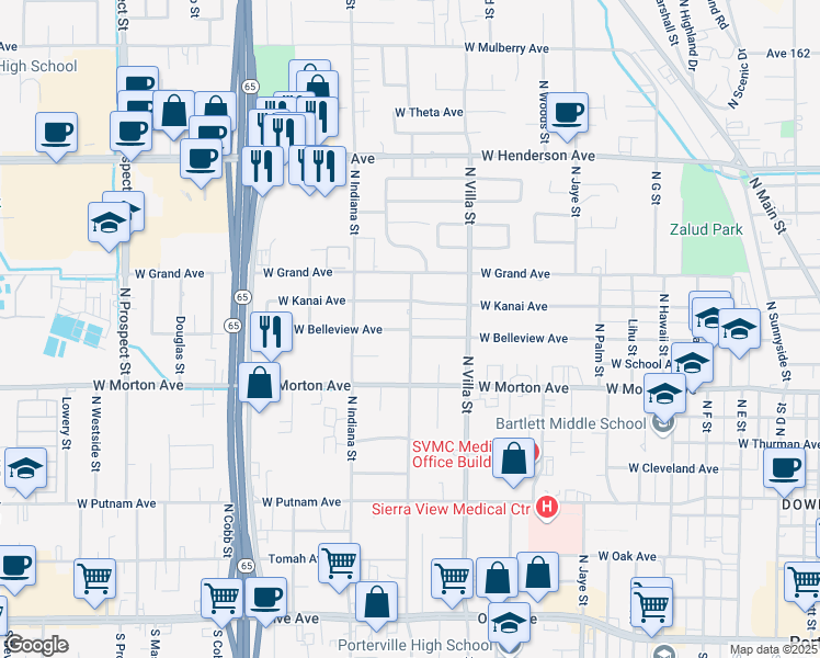 map of restaurants, bars, coffee shops, grocery stores, and more near 700 West Belleview Avenue in Porterville