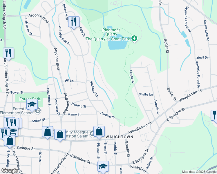 map of restaurants, bars, coffee shops, grocery stores, and more near 1623 Marble Street in Winston-Salem