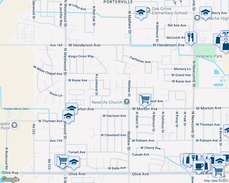 map of restaurants, bars, coffee shops, grocery stores, and more near 515 North Fir Way in Porterville
