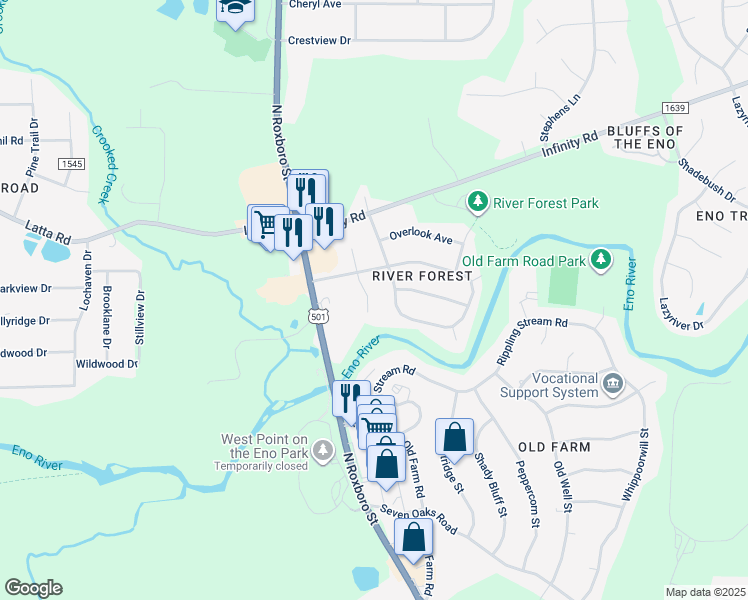 map of restaurants, bars, coffee shops, grocery stores, and more near 4808 South Singing Woods Place in Durham