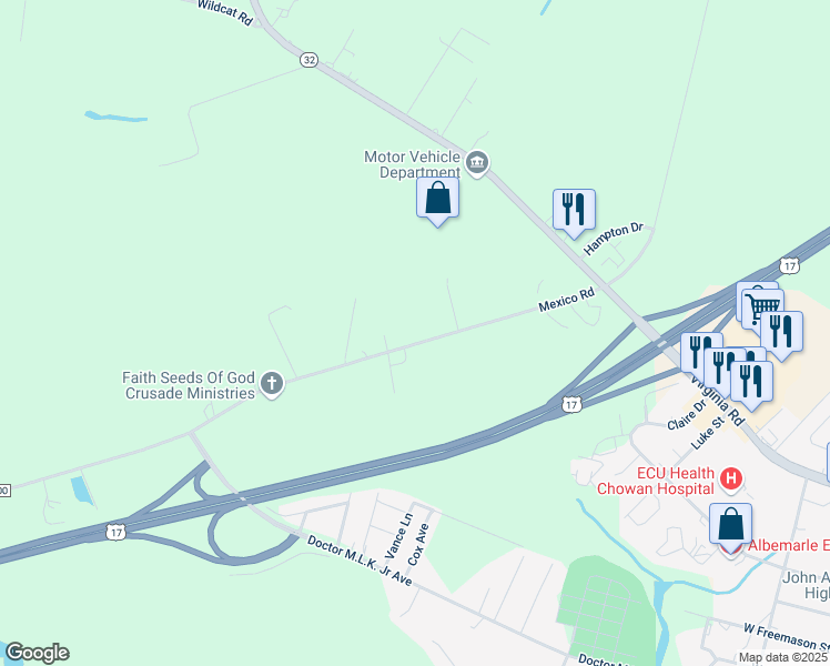 map of restaurants, bars, coffee shops, grocery stores, and more near 142 Mexico Rd in Edenton