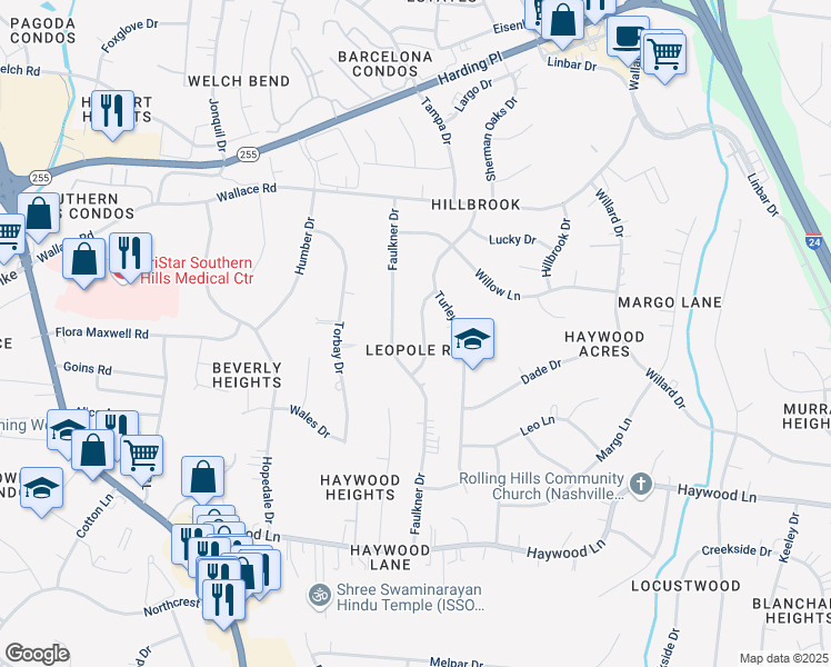 map of restaurants, bars, coffee shops, grocery stores, and more near 315 Leopole Road in Nashville
