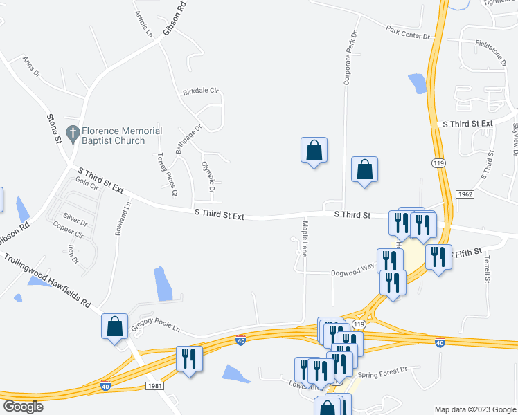 map of restaurants, bars, coffee shops, grocery stores, and more near South 3rd Street Ext in Mebane