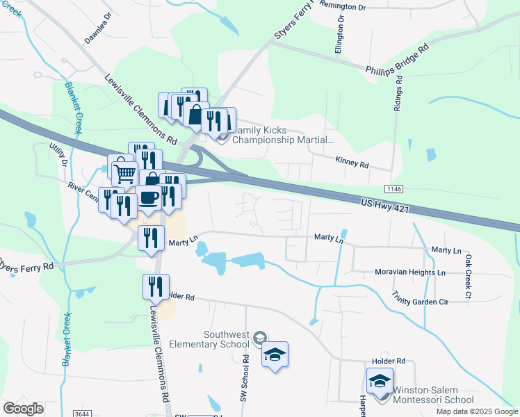 map of restaurants, bars, coffee shops, grocery stores, and more near 1443 King Charles Drive in Clemmons