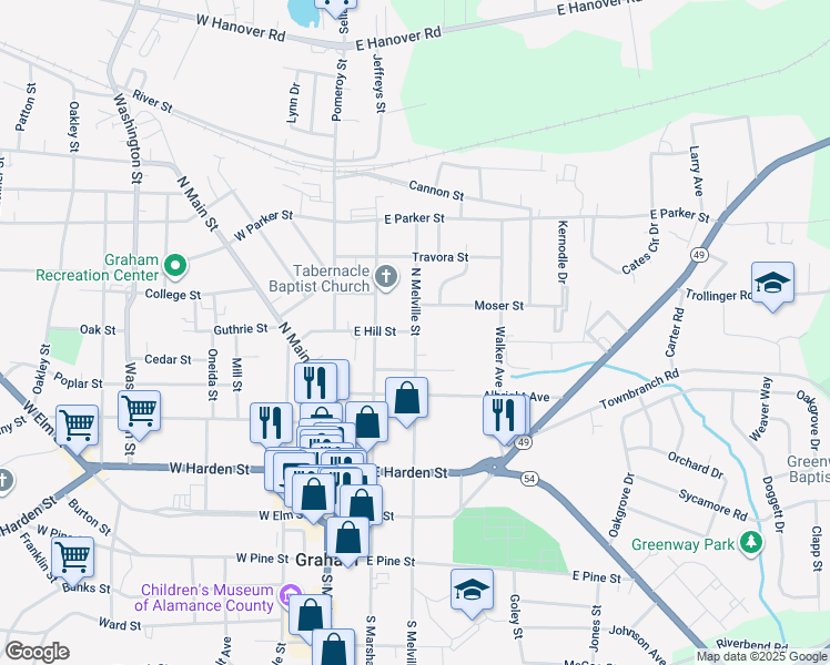 map of restaurants, bars, coffee shops, grocery stores, and more near 299 East Hill Street in Graham