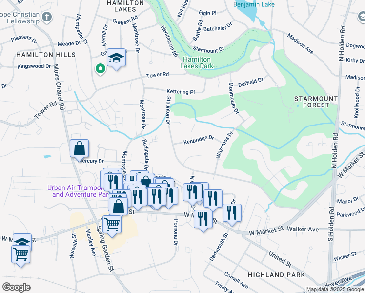 map of restaurants, bars, coffee shops, grocery stores, and more near 4605 Kenbridge Drive in Greensboro