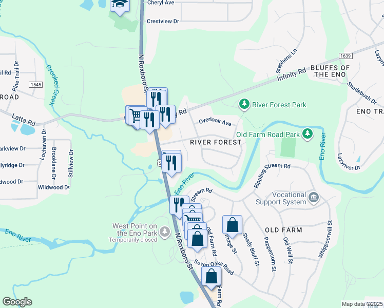 map of restaurants, bars, coffee shops, grocery stores, and more near 4808 South Singing Woods Place in Durham
