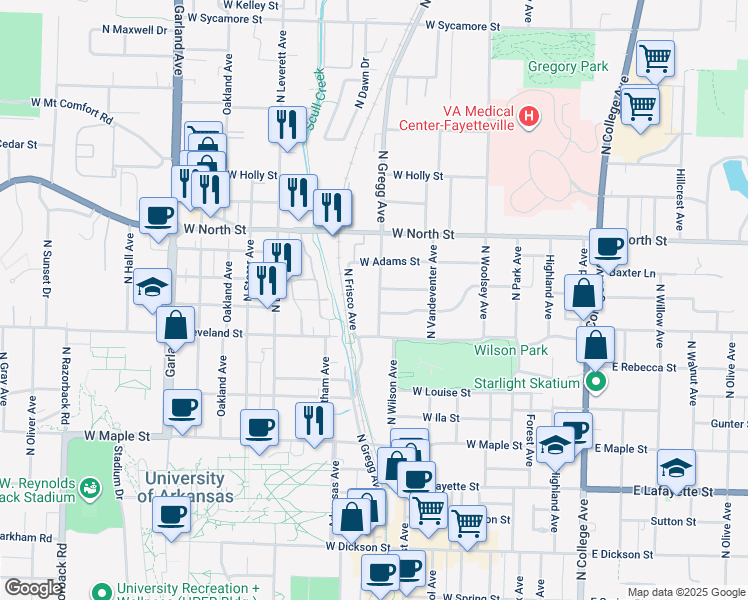 map of restaurants, bars, coffee shops, grocery stores, and more near 847 North Gregg Avenue in Fayetteville
