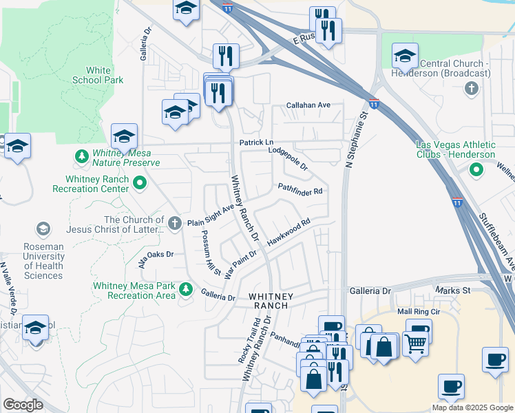 map of restaurants, bars, coffee shops, grocery stores, and more near 929 Derringer Ln in Henderson