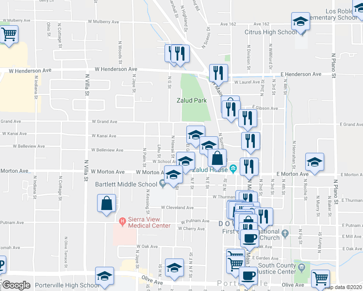 map of restaurants, bars, coffee shops, grocery stores, and more near 246 West Belleview Avenue in Porterville
