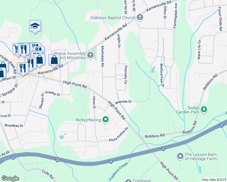 map of restaurants, bars, coffee shops, grocery stores, and more near 3900 Thornaby Circle in Winston-Salem