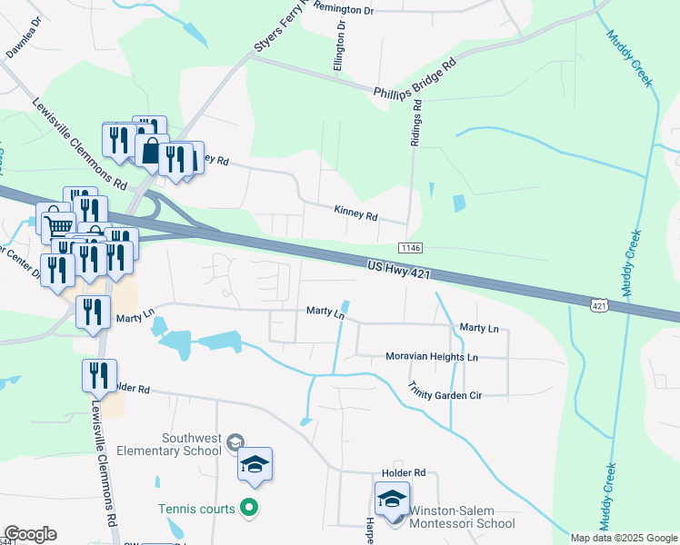 map of restaurants, bars, coffee shops, grocery stores, and more near 5755 Gayray Street in Clemmons