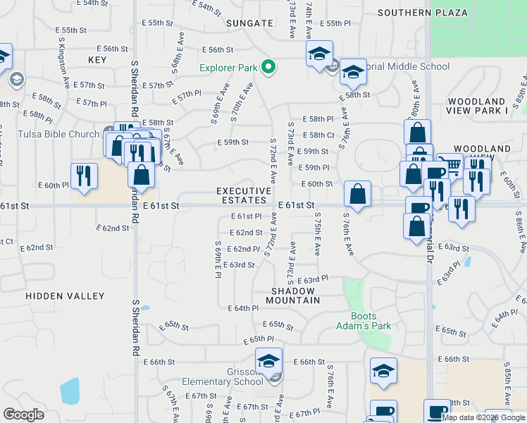 map of restaurants, bars, coffee shops, grocery stores, and more near 6965 East 61st Place in Tulsa
