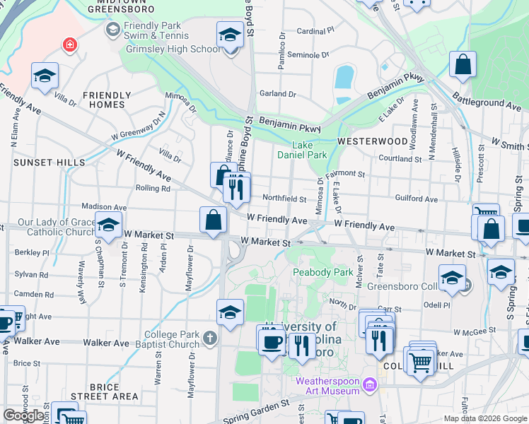 map of restaurants, bars, coffee shops, grocery stores, and more near 1410 West Friendly Avenue in Greensboro