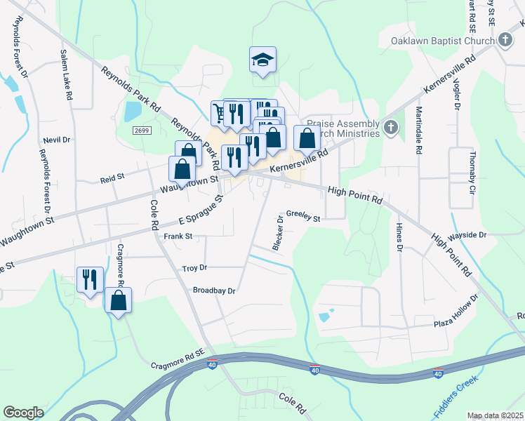 map of restaurants, bars, coffee shops, grocery stores, and more near 2310 Blecker Drive in Winston-Salem