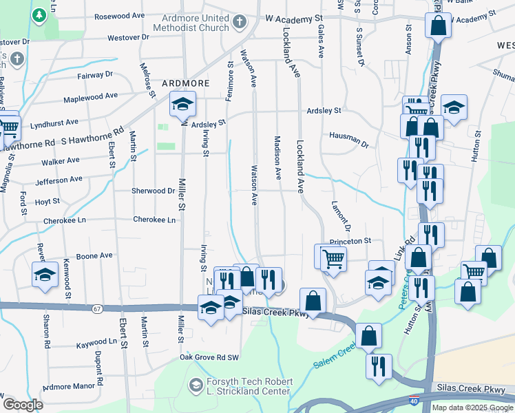 map of restaurants, bars, coffee shops, grocery stores, and more near 1116 Watson Avenue in Winston-Salem
