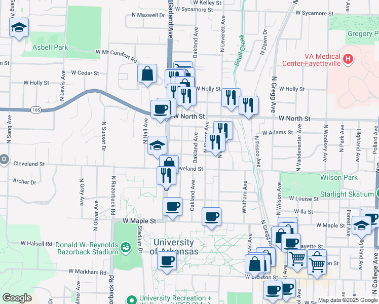 map of restaurants, bars, coffee shops, grocery stores, and more near 909 West Eagle Street in Fayetteville