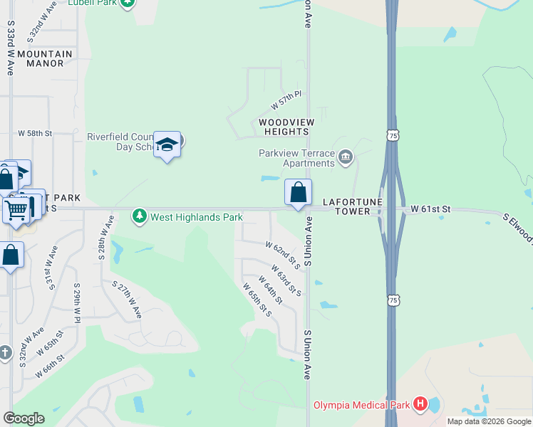 map of restaurants, bars, coffee shops, grocery stores, and more near 6101 South Waco Avenue in Tulsa