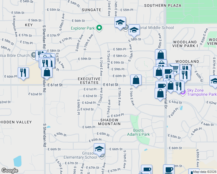 map of restaurants, bars, coffee shops, grocery stores, and more near 7307 East 61st Place in Tulsa