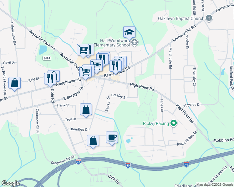 map of restaurants, bars, coffee shops, grocery stores, and more near 3055 Greeley Street in Winston-Salem
