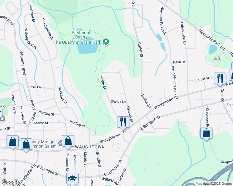 map of restaurants, bars, coffee shops, grocery stores, and more near 1843 Leight Street in Winston-Salem
