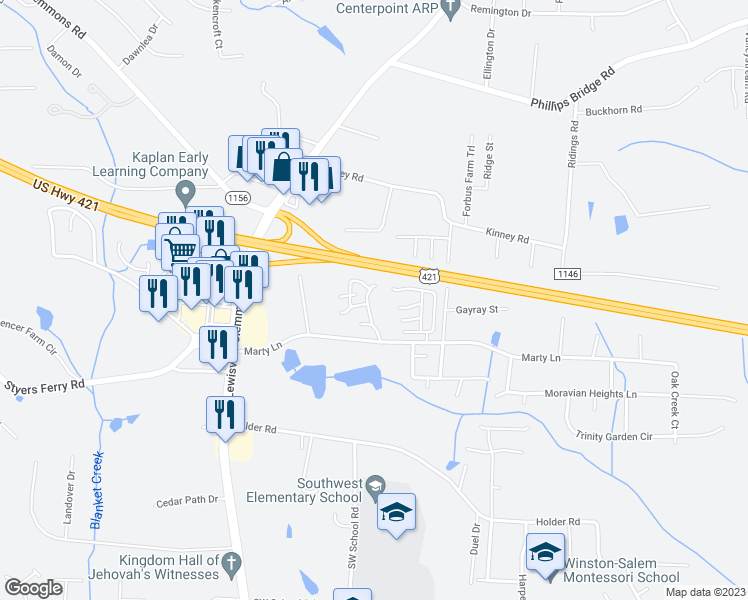 map of restaurants, bars, coffee shops, grocery stores, and more near 1445 King Charles Drive in Clemmons