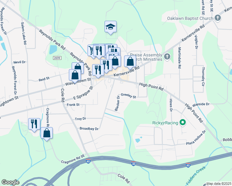 map of restaurants, bars, coffee shops, grocery stores, and more near 2310 Blecker Drive in Winston-Salem