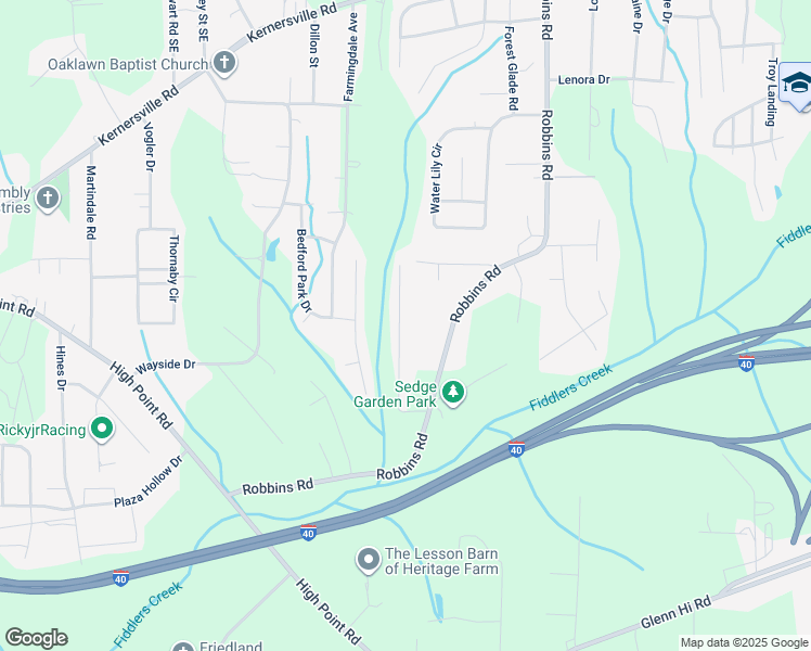 map of restaurants, bars, coffee shops, grocery stores, and more near 3417 Tinley Park Drive in Winston-Salem
