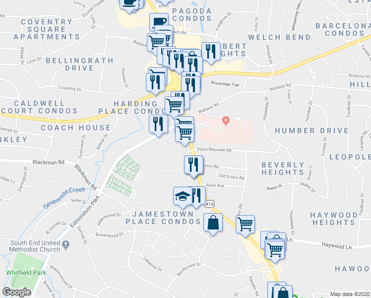 map of restaurants, bars, coffee shops, grocery stores, and more near 4225 Nolensville Pike in Nashville